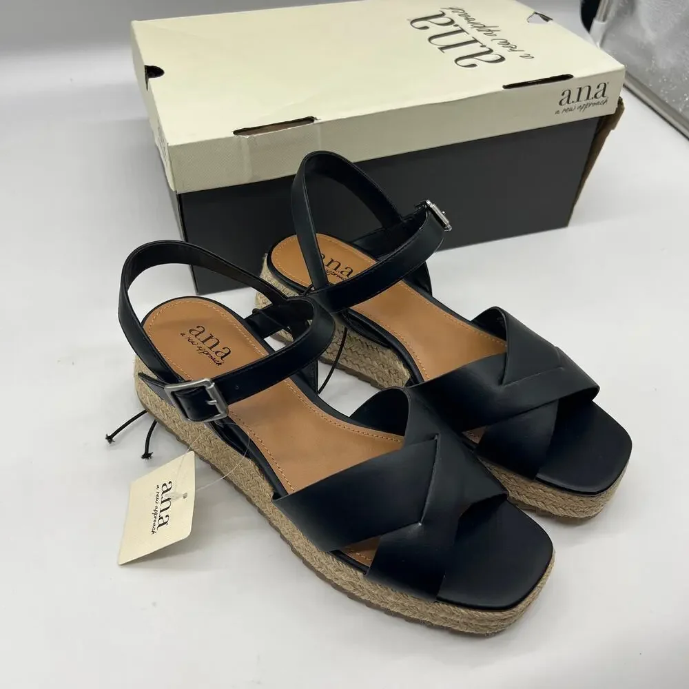 a.n.a Womens Eloise Wedge Sandals Black Casual Shoes Size 8.5M